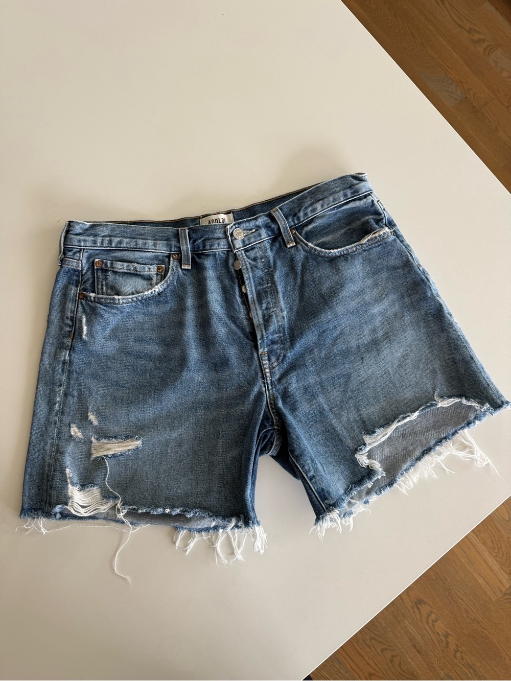 Agolde Light Blue Distressed Frayed Hem Jean Shorts